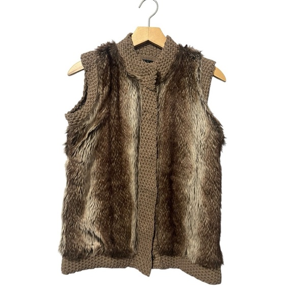 SIONI Wool & Faux Fur Vest Small Brown Sweater Snaps Jacket S - Picture 1 of 6